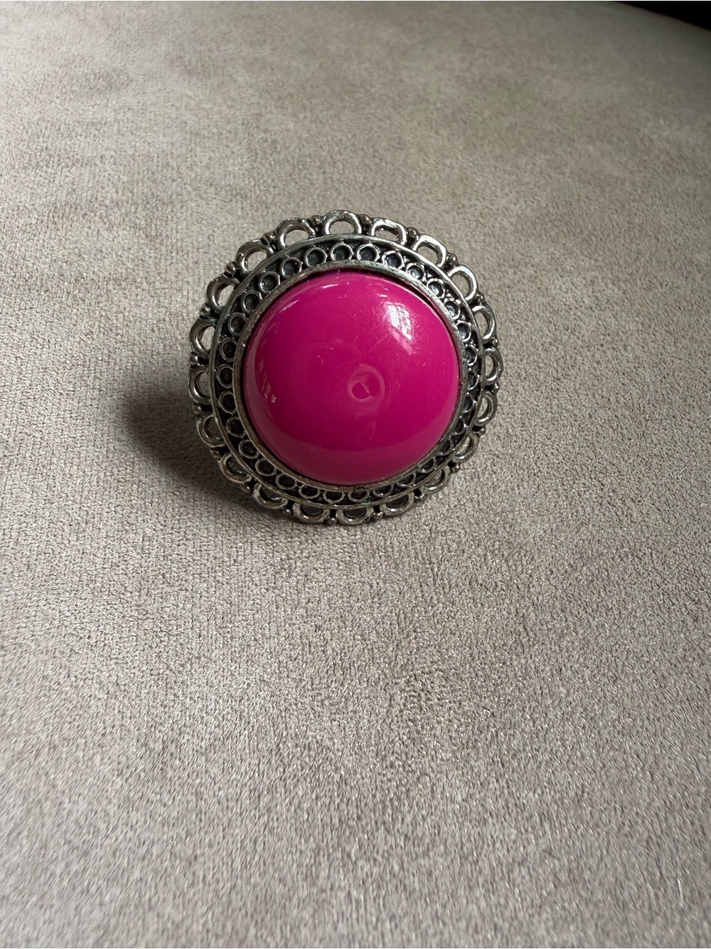 Vintage Hot Pink Dome Cocktail Ring with Silver Filigree